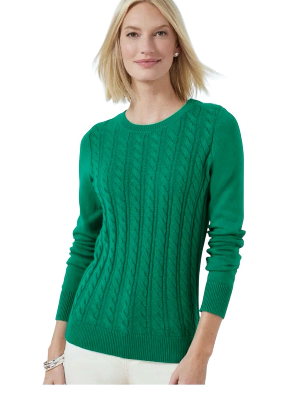 Talbots Cable Knit Crewneck Sweater Size XL Lush Green Cotton Blend Classic